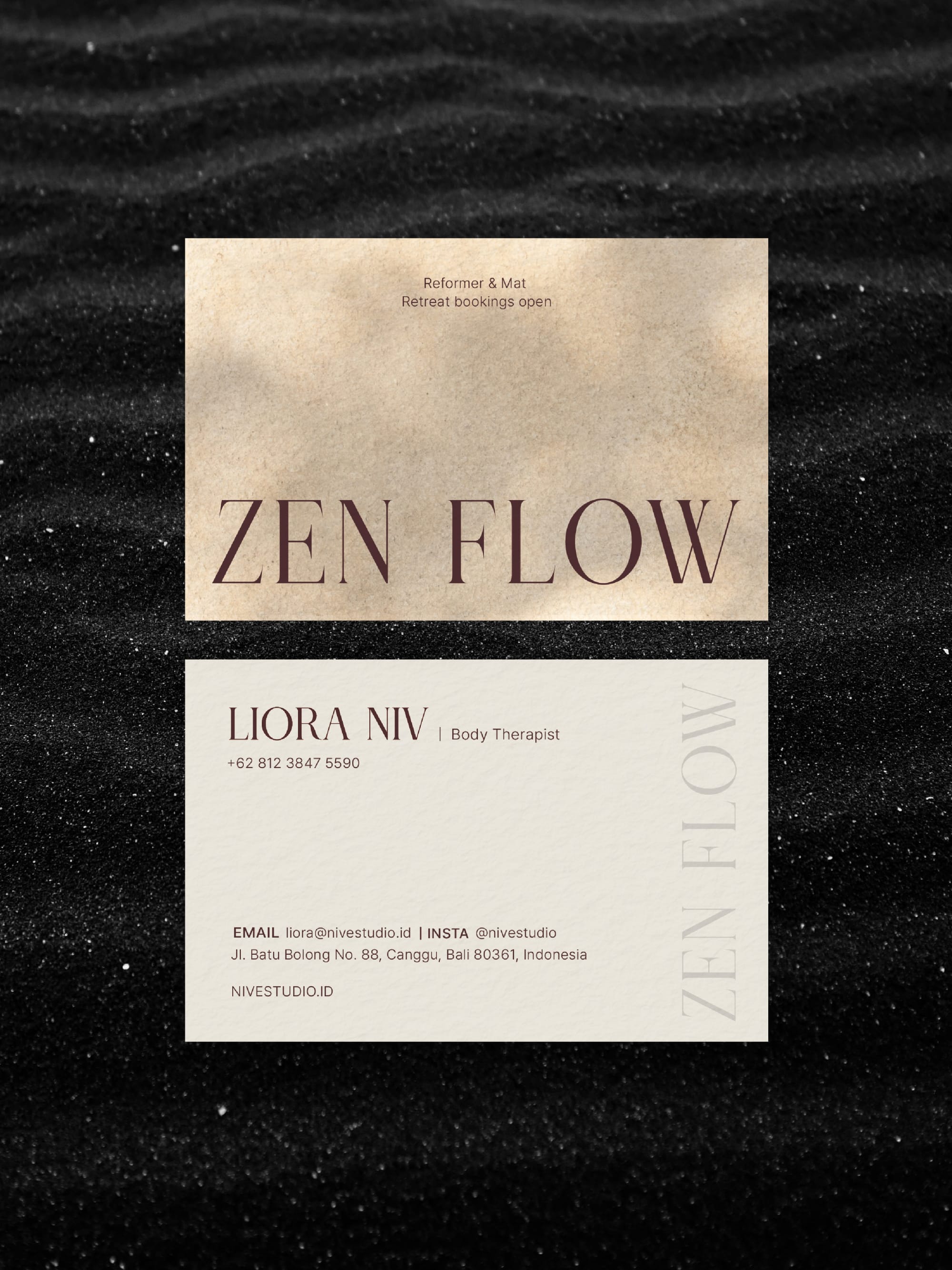Pilates Instructor business card – Zen Flow sand beige design – printed 300gsm matte cardstock