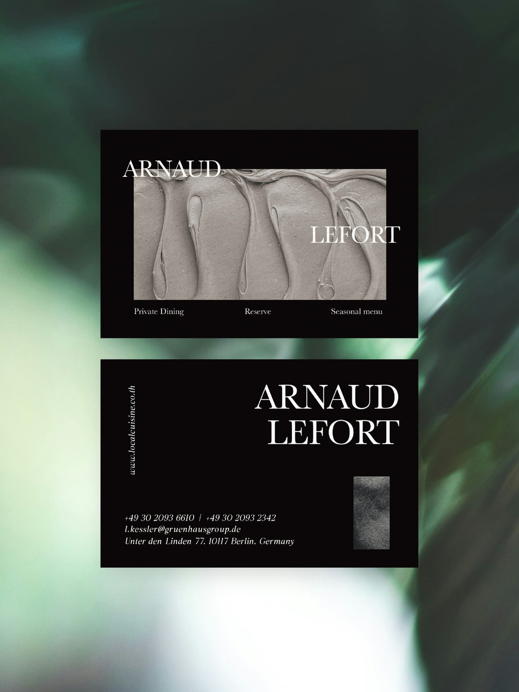 Executive Chef business card – Arnaud Lefort dark editorial design – printed 300gsm matte cardstock